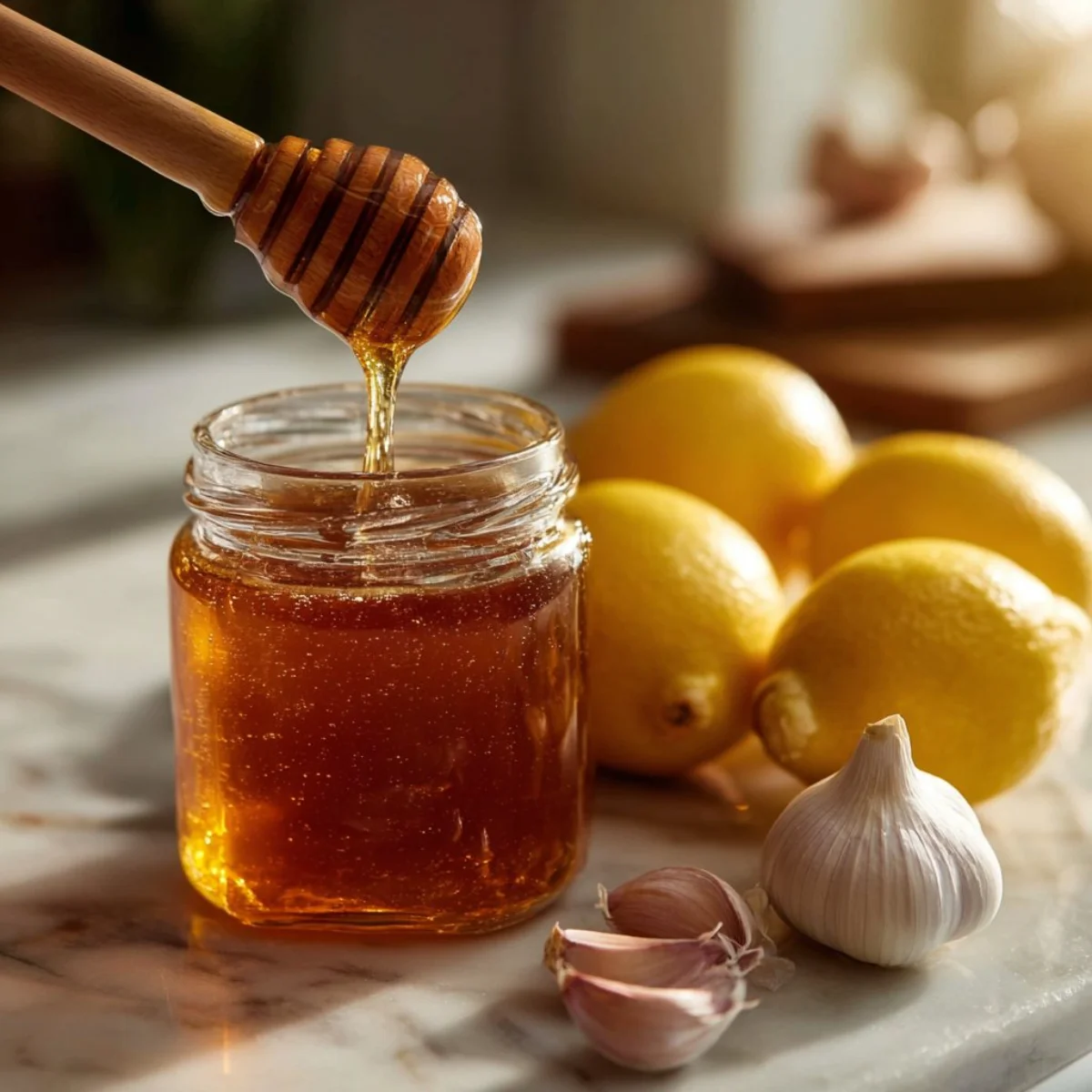 Canaan Honey Drink served in a glass with honeycomb and lemon slices.