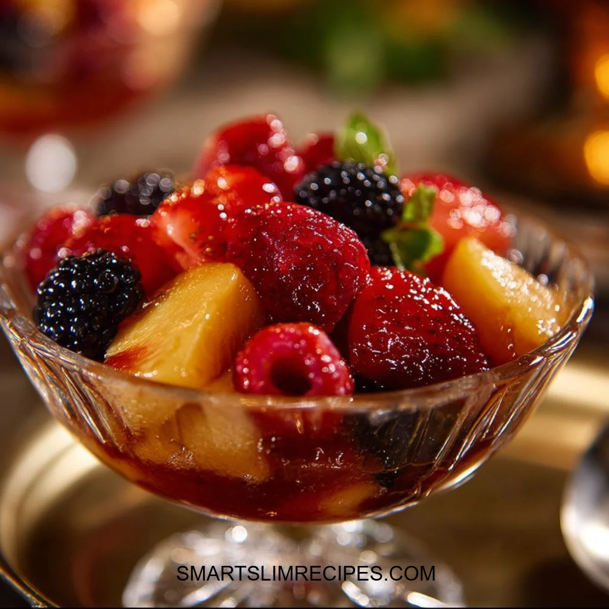 Colorful fruit juice gelatin dessert featuring various fresh fruits.