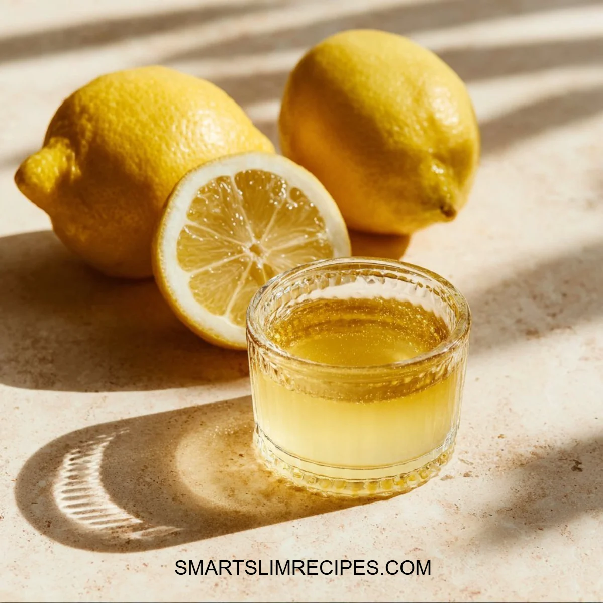A refreshing lemon gelatin tonic served in a glass with lemon slices.