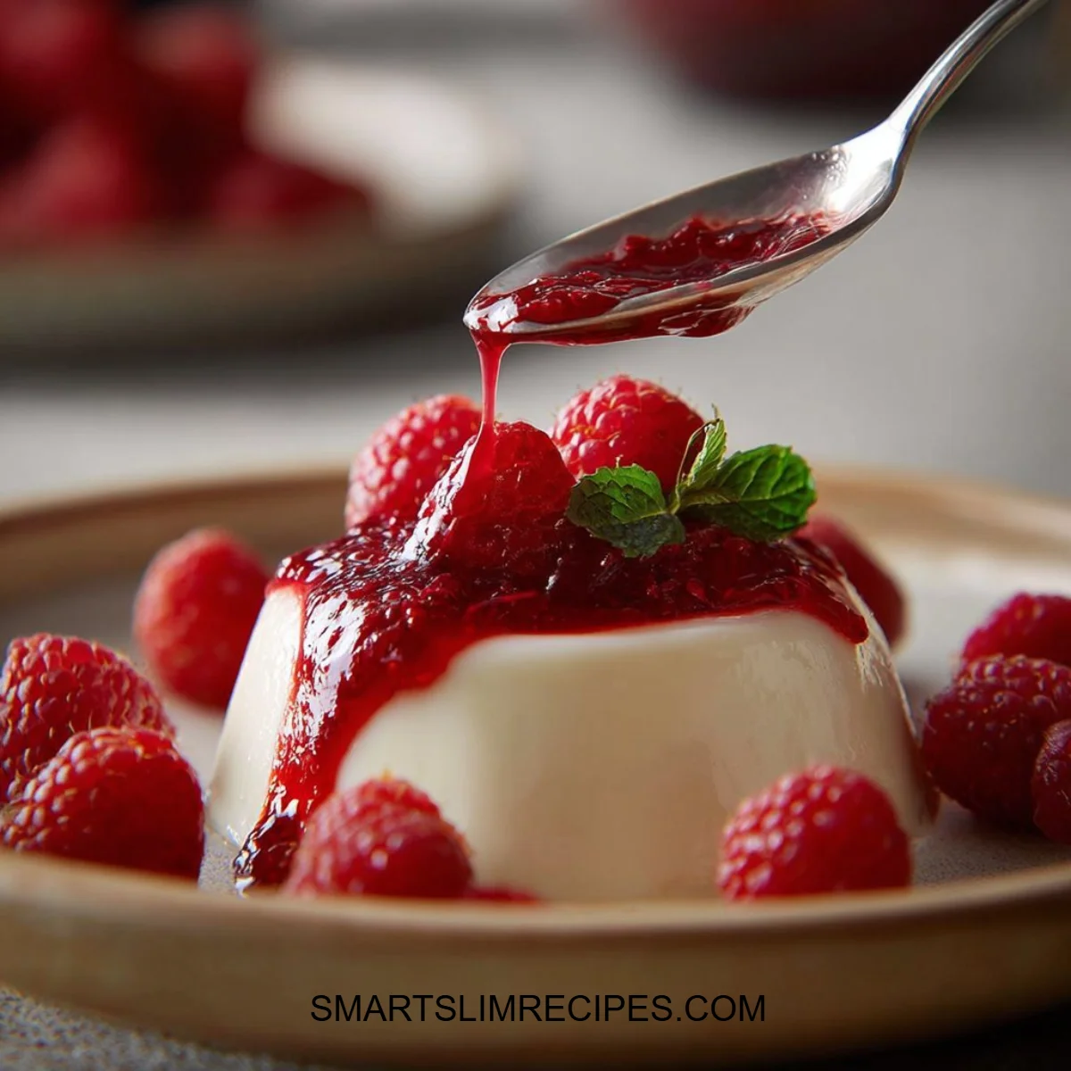 A vibrant gelatin sauce poured over a dessert, showcasing its glossy texture.