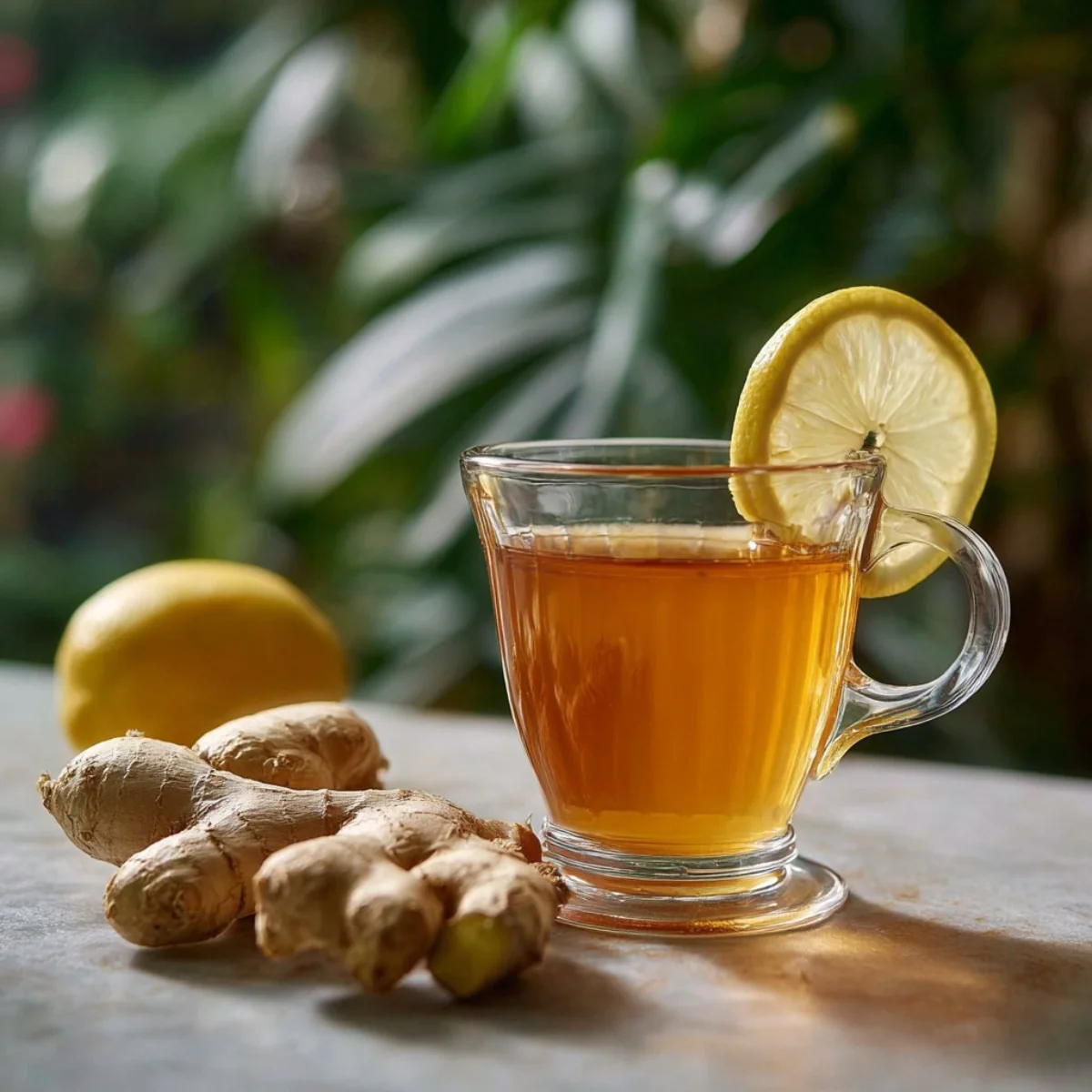 A glass of Canaan honey drink garnished with lemon and mint, served on a wooden table.