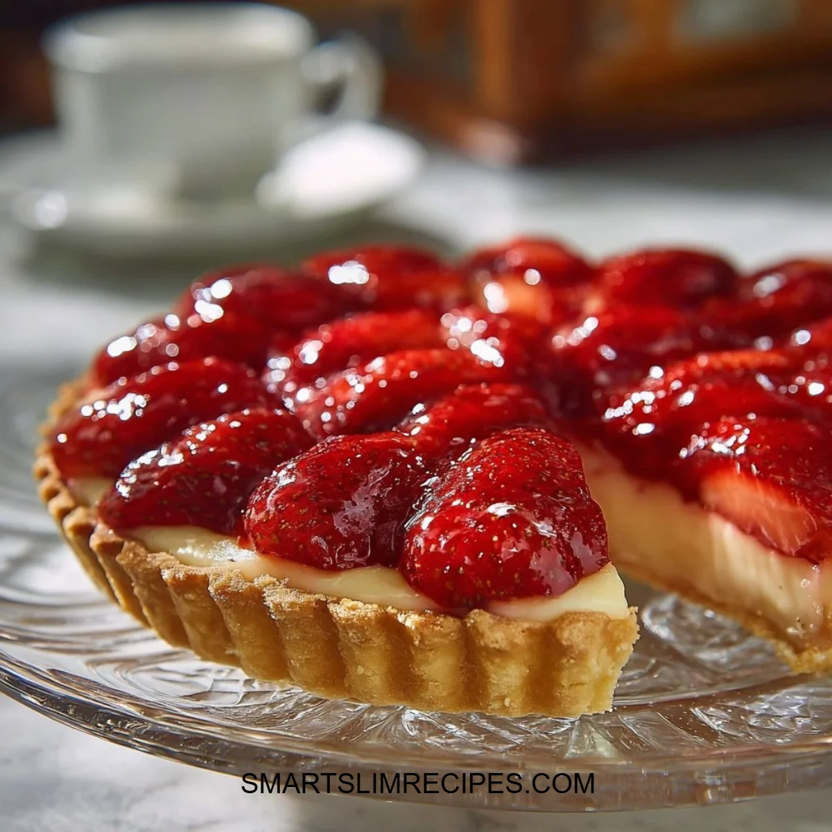 Delicious and refreshing Strawberry Gelatin Pie topped with fresh strawberries