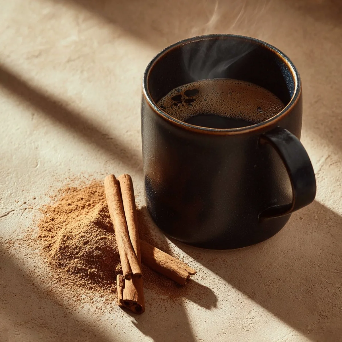 A steaming cup of weight loss coffee with ingredients for boosting metabolism.